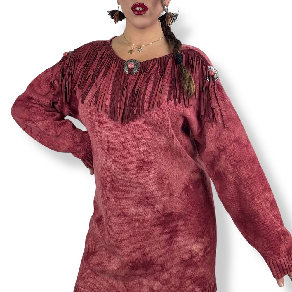 Vintage cowgirl western red cotton tie-dyed fringe sweater dress - Picture 5 of 14
